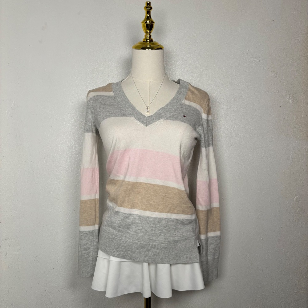 tommy hilfiger striped knit sweater vneck gray white pink coquette y2k preppy